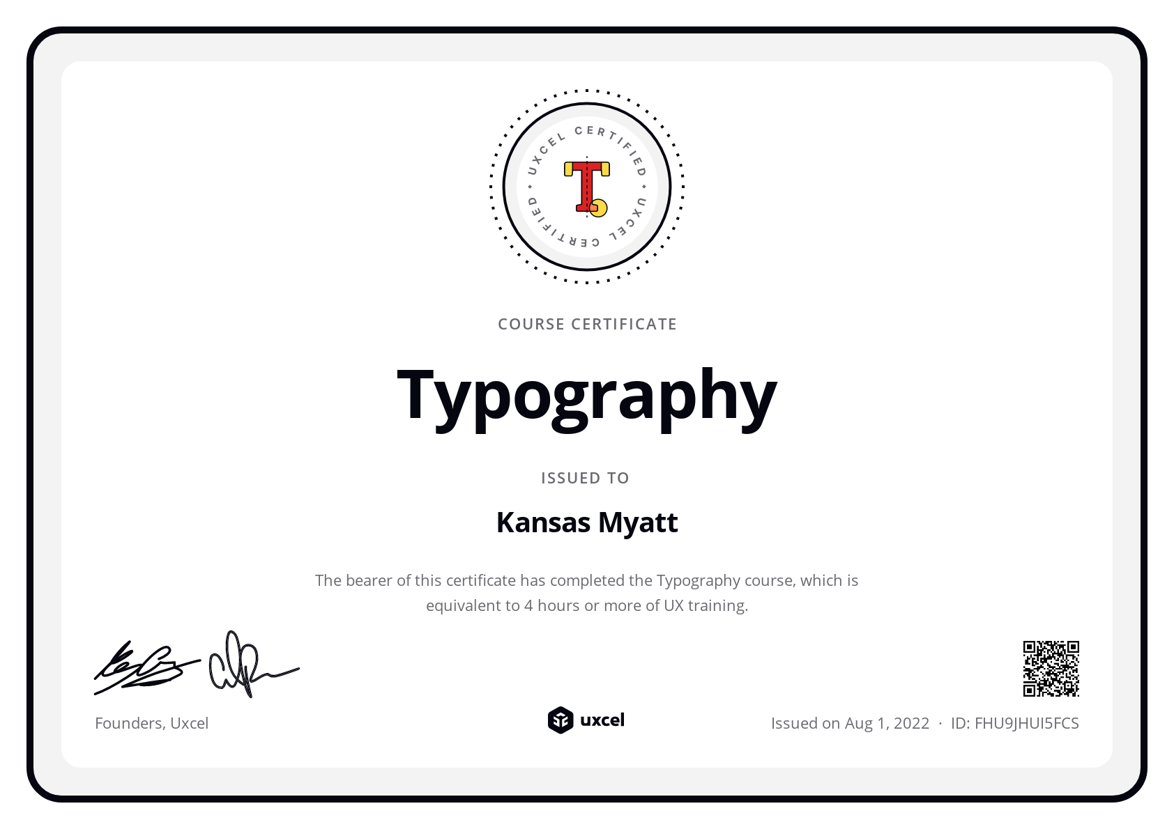 Kansas Myatt's certificate